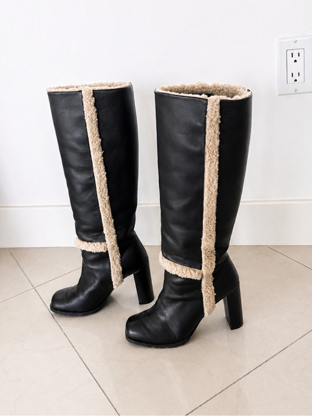 BOSS Shearling Leather Knee-High Boots – Black – Size 6